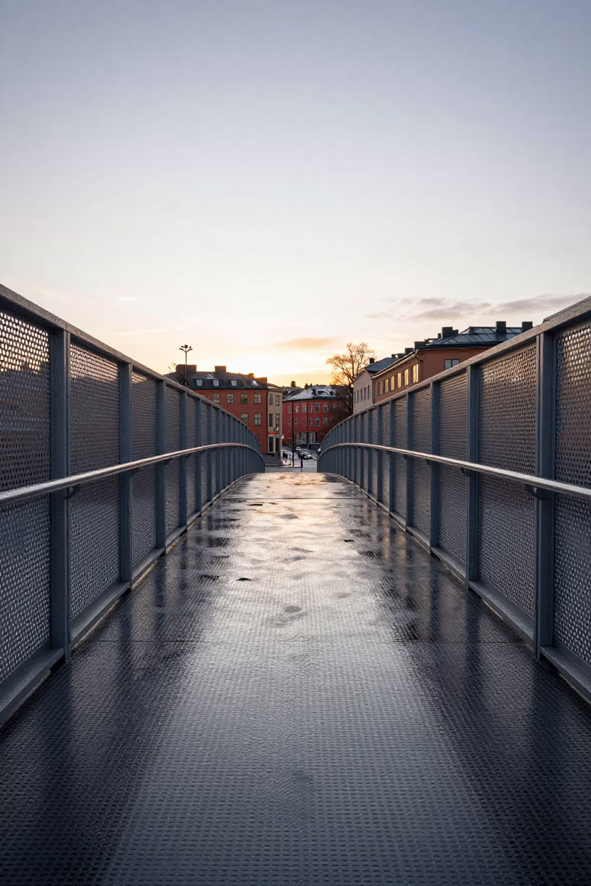 Stockholm Sweden First Light Dawn Pedestrian Overpass Perforated Metal Wet Footsteps Urban Scene in in Stockholm, Sweden