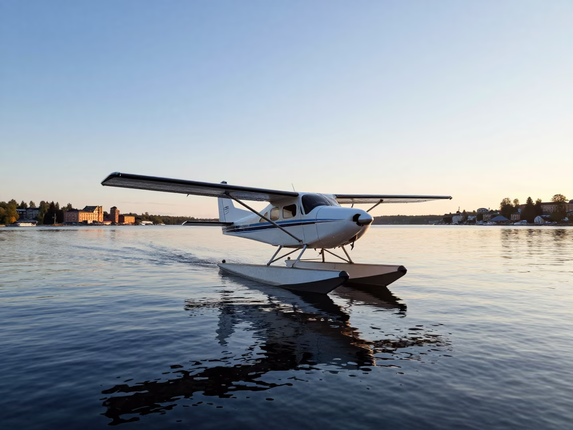 Stockholm Sweden First Light Seaplane Landing on Lake Near City Center in in Stockholm, Sweden