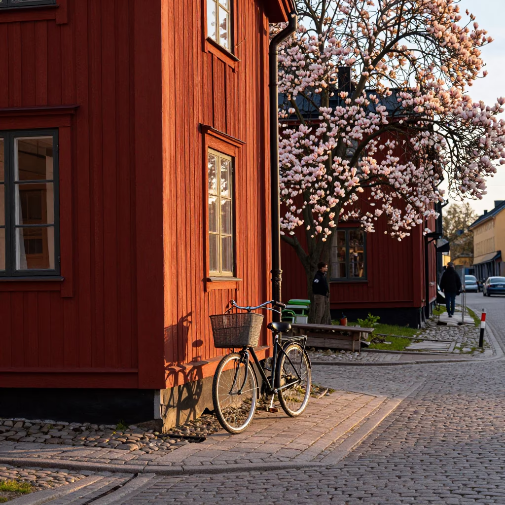 Stockholm Sweden Golden Hour Street Scene with Bicycle Basket and Magnolia Bloom in in Stockholm, Sweden