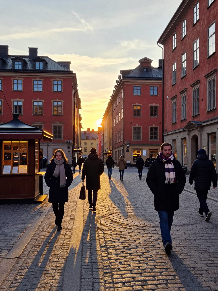 Stockholm Sweden Golden Hour Street Scene with Commuters and Scarves in in Stockholm, Sweden