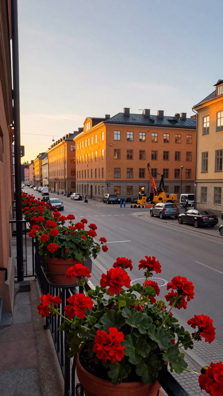 Stockholm Sweden Golden Hour Street Scene with Potted Geraniums and Construction Mixer in in Stockholm, Sweden
