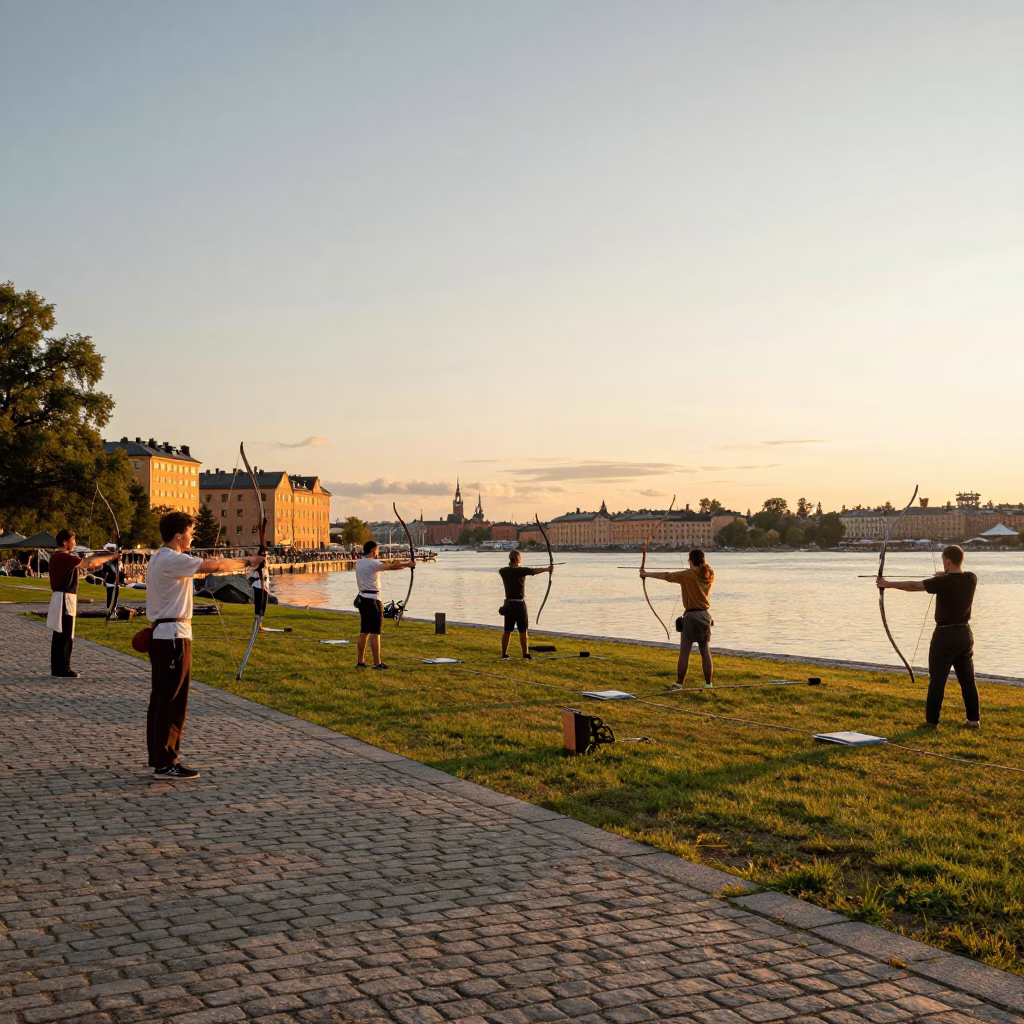 Stockholm Sweden Honeyed Evening Light Traditional Archery Contest Harbor Promenade Scooter in in Stockholm, Sweden