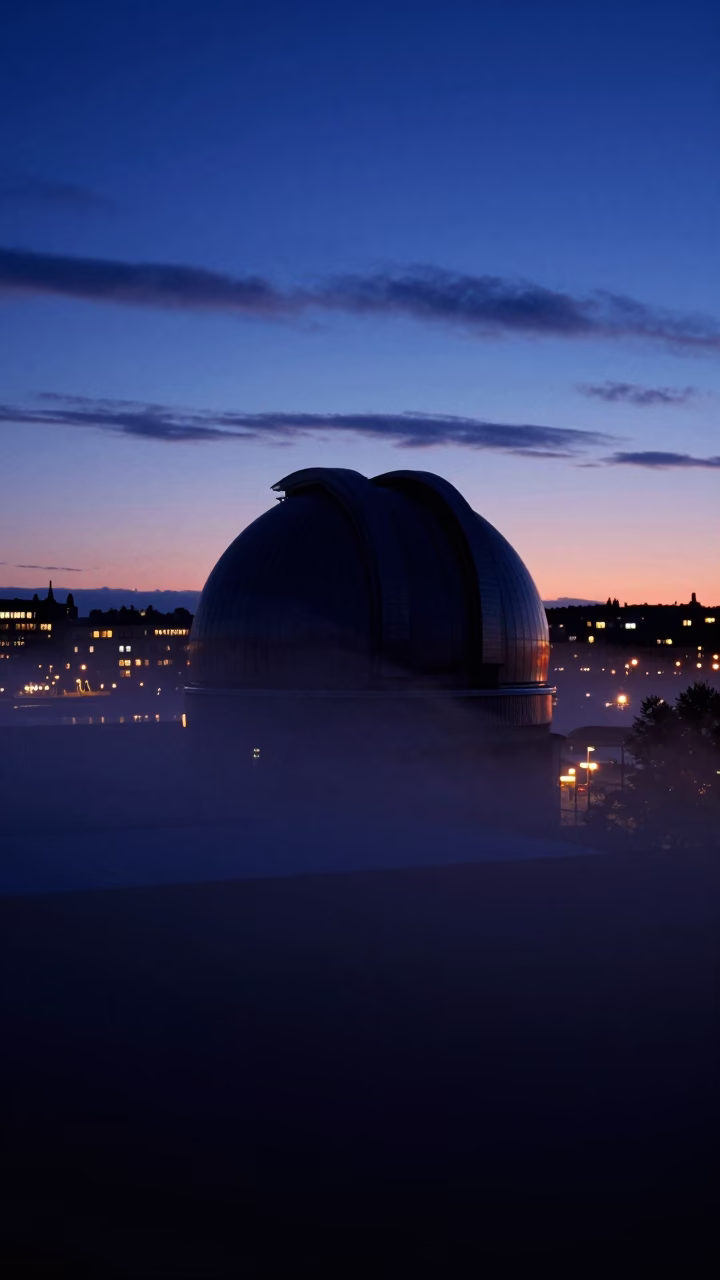 Stockholm Sweden Indigo Twilight Observatory Dome Silhouette Drifting Ground Fog Urban Landscape in in Stockholm, Sweden