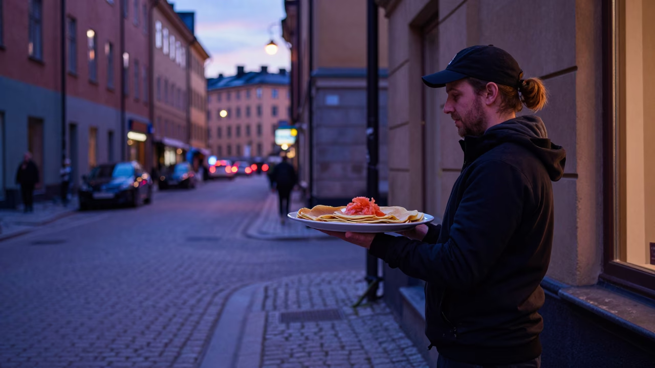 Stockholm Sweden Indigo Twilight Street Scene with Blini Tray in in Stockholm, Sweden