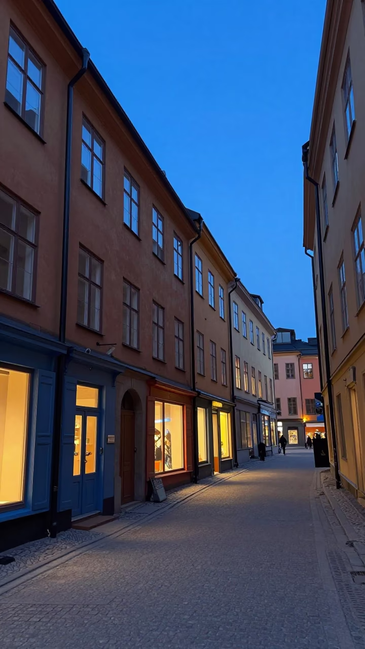 Stockholm Sweden Indigo Twilight Street Scene with Colorful Shop Facades and Cobblestone Pathway in in Stockholm, Sweden