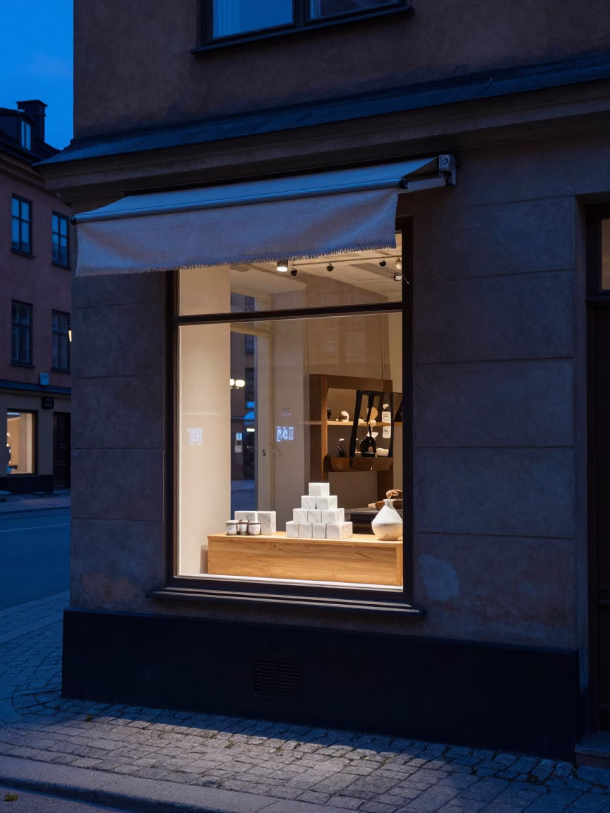 Stockholm Sweden indigo twilight street scene with linen fringe and marble set in in Stockholm, Sweden