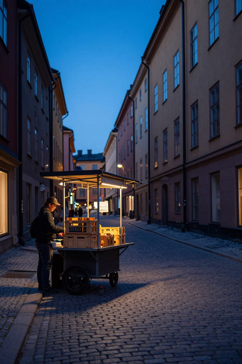 Stockholm Sweden Indigo Twilight Street Scene with Rolling Carts and Ceramic Tiles in in Stockholm, Sweden