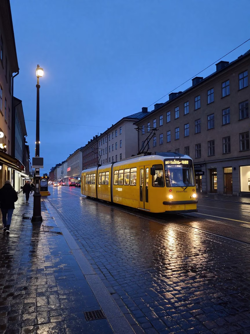 Stockholm Sweden indigo twilight street scene with tram and wet cobblestones in in Stockholm, Sweden