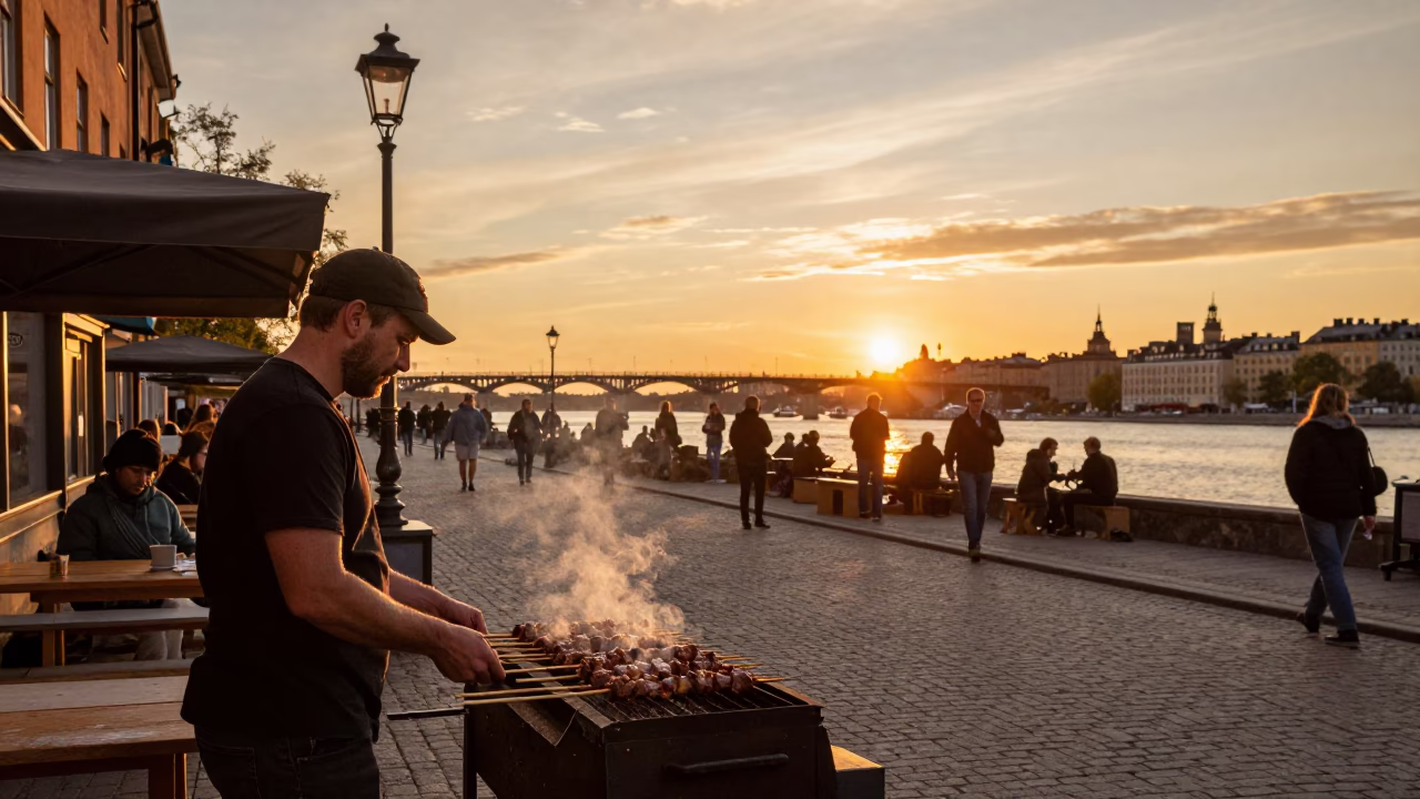 Stockholm Sweden Kebab Grill Street Scene at Sunset with Viaduct Shadow and Urban Life in in Stockholm, Sweden