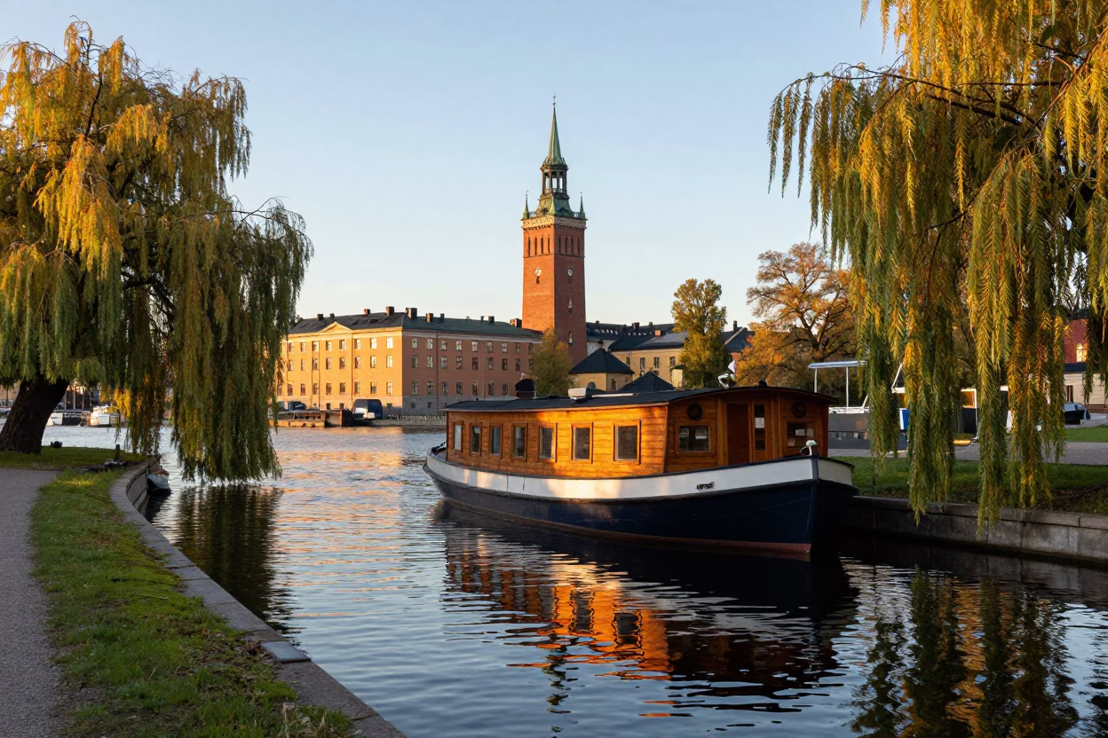 Stockholm Sweden Late Afternoon Light Houseboat Canal and Water Tower in in Stockholm, Sweden