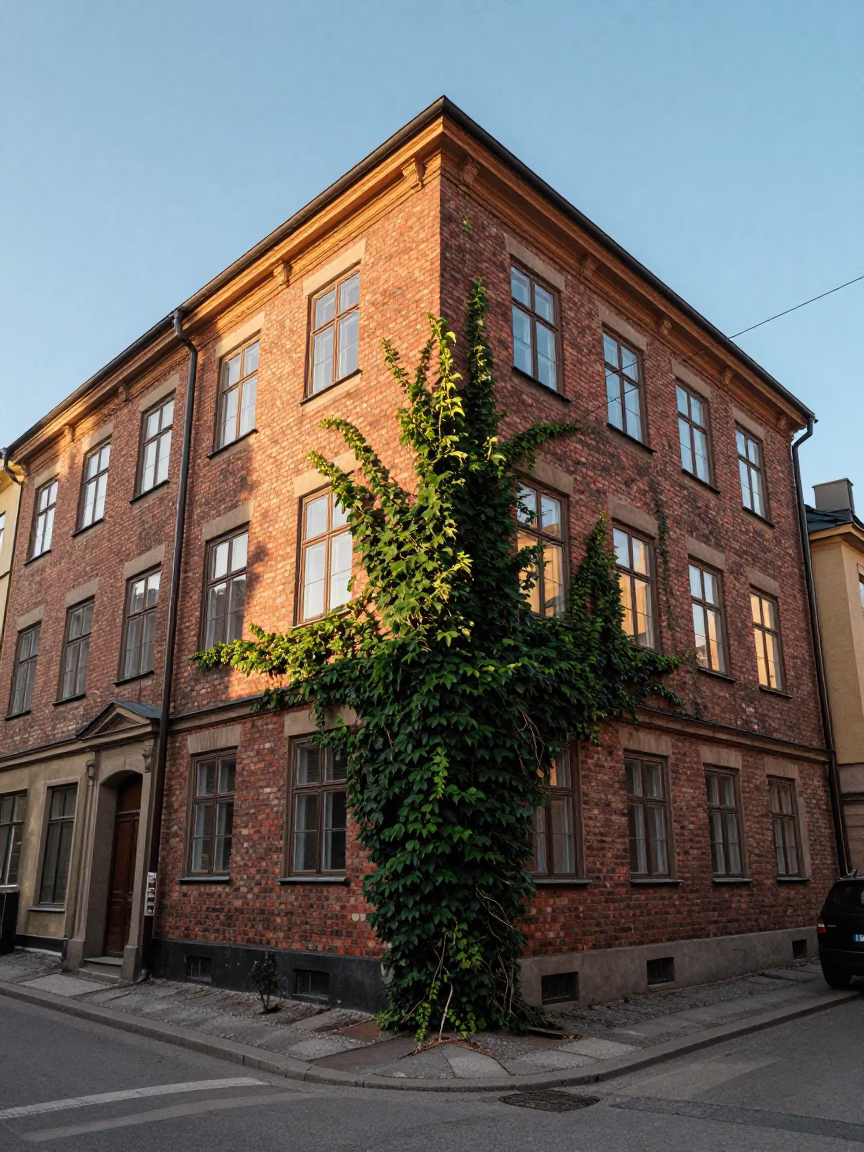 Stockholm Sweden Late Afternoon Street Scene with Ivy Vines and Urban Architecture in in Stockholm, Sweden