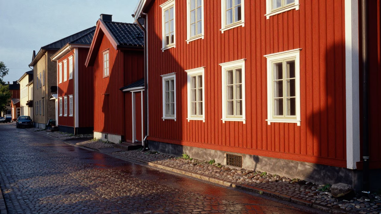 Stockholm Sweden Late Afternoon Street Scene with Red Wooden House and Bicycle in in Stockholm, Sweden
