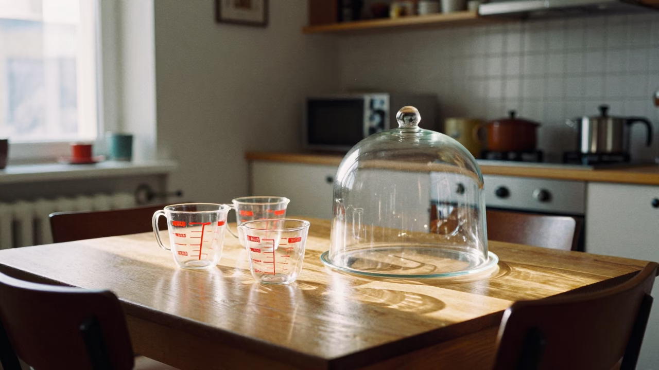 Stockholm Sweden Late Morning Interior with Vintage Measuring Cups and Glass Cloche in in Stockholm, Sweden