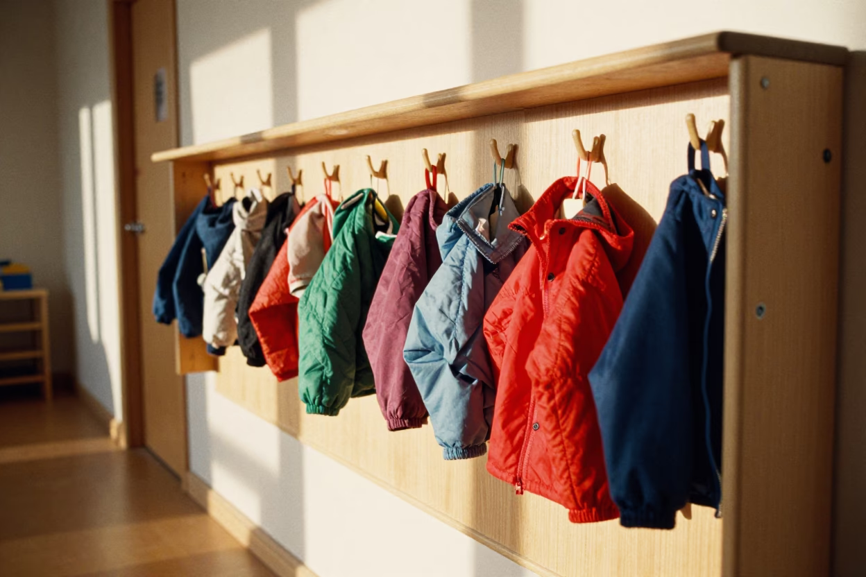 Stockholm Sweden Late Morning Preschool Cubby Wall With Tiny Jackets And Boots in in Stockholm, Sweden