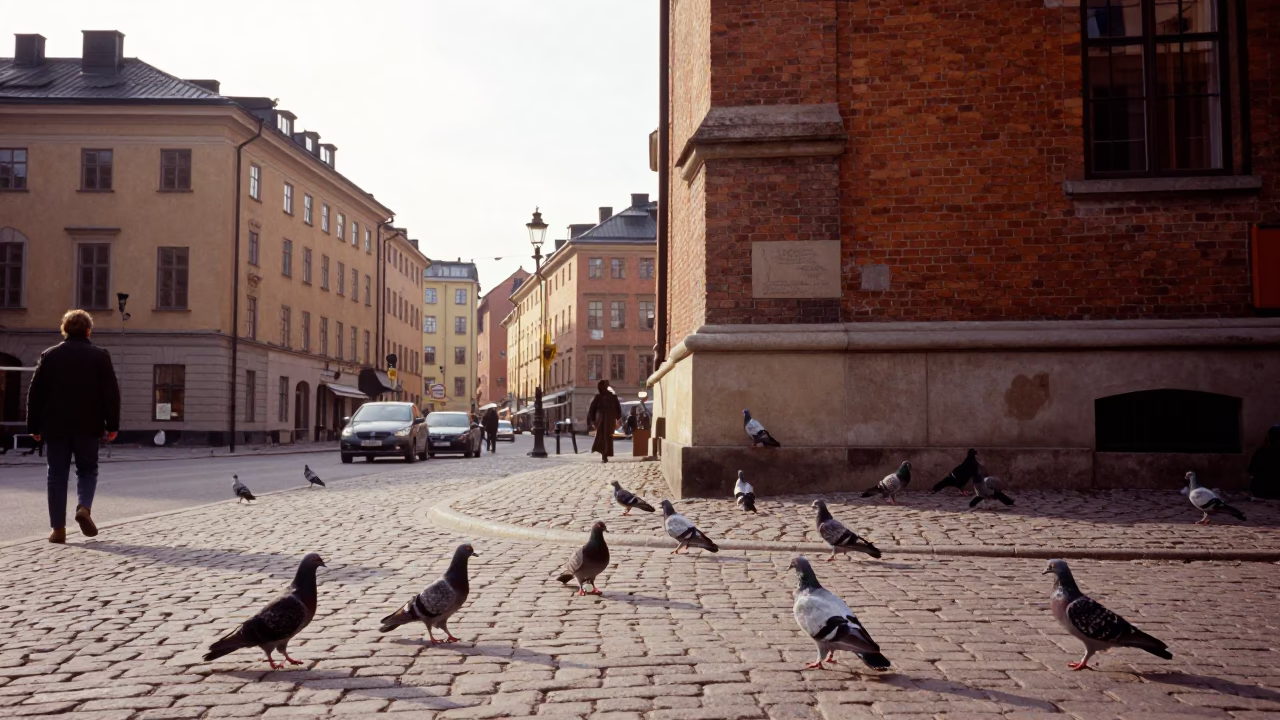 Stockholm Sweden Late Morning Street Scene with Pigeons and Historic Architecture in in Stockholm, Sweden