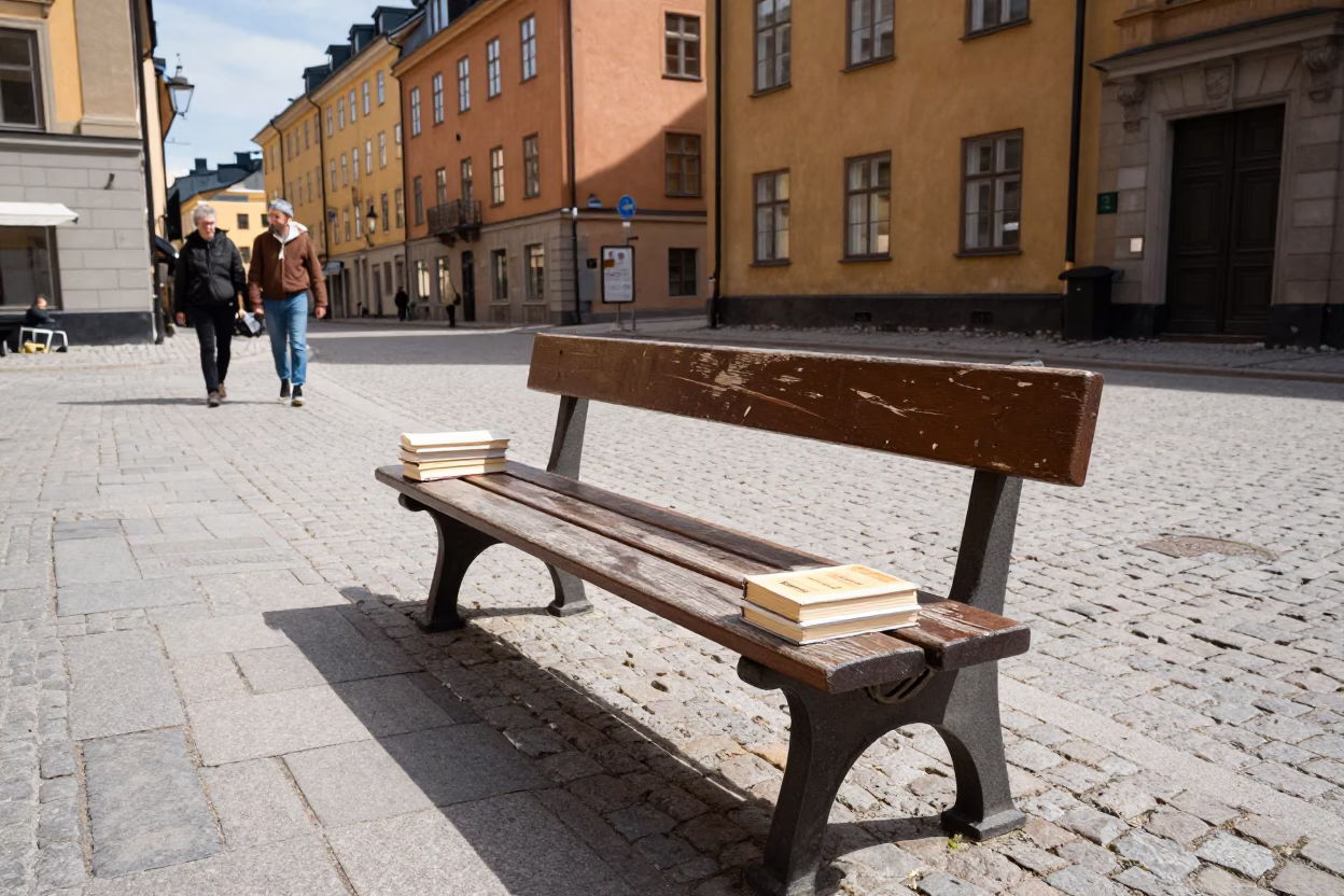 Stockholm Sweden Midday Street Scene with Books and Urban Details in in Stockholm, Sweden