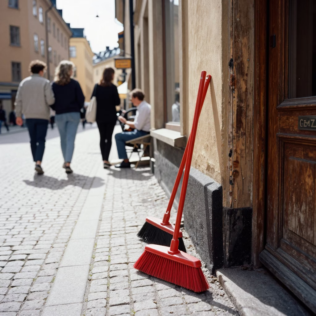 Stockholm Sweden Midday Street Scene with Brooms and Local Interaction in in Stockholm, Sweden