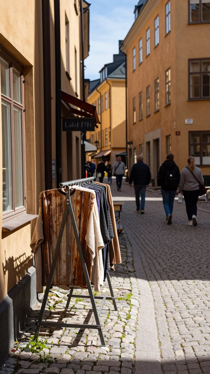 Stockholm Sweden Midday Street Scene with Drying Rack and Local Life in in Stockholm, Sweden