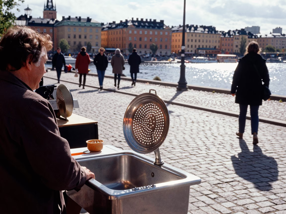 Stockholm Sweden Midday Street Scene with Vintage 1960s Sink Strainer Detail in in Stockholm, Sweden