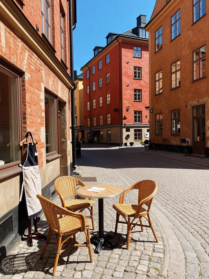 Stockholm Sweden Midday Street Scene with Wicker Chair and Apron in in Stockholm, Sweden