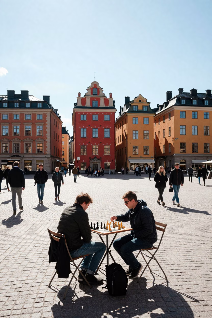 Stockholm Sweden Midmorning City Scene with Chess Clock and Red Wine in in Stockholm, Sweden