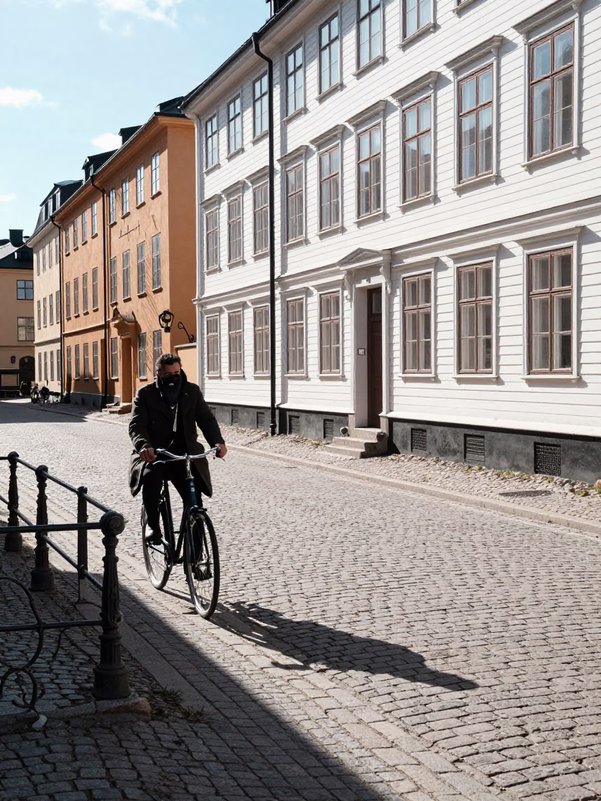 Stockholm Sweden Midmorning Street Scene with Vintage Bicycle and Urban Details in in Stockholm, Sweden