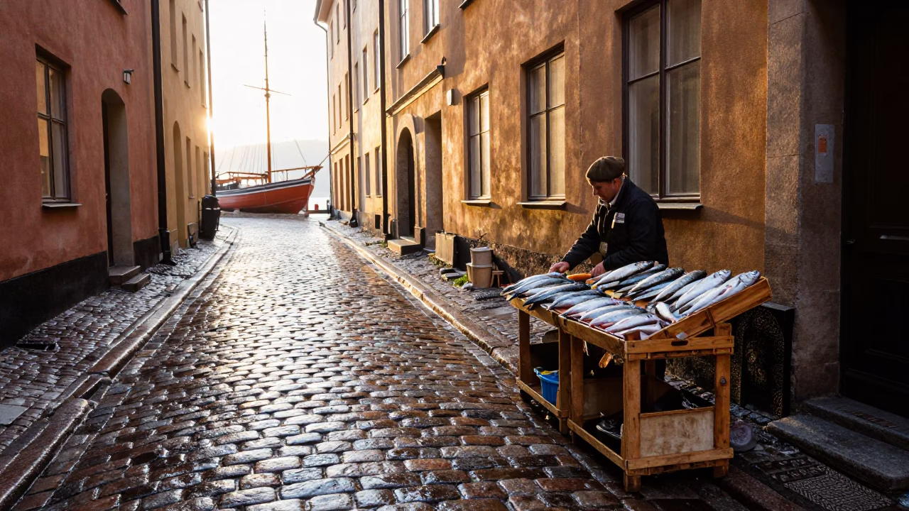 Stockholm Sweden Morning Light on Cobblestone Alley with Vintage Nautical Details in in Stockholm, Sweden