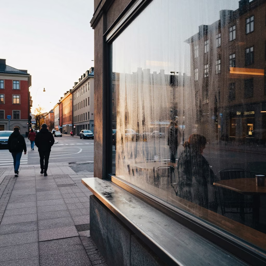 Stockholm Sweden Morning Street Scene with Condensation on Glass and Finger Smudges in in Stockholm, Sweden