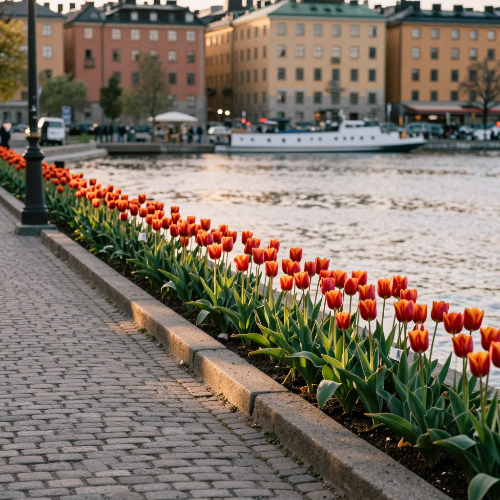 Stockholm Sweden Morning Street Scene with Tulips and Clipboard in in Stockholm, Sweden
