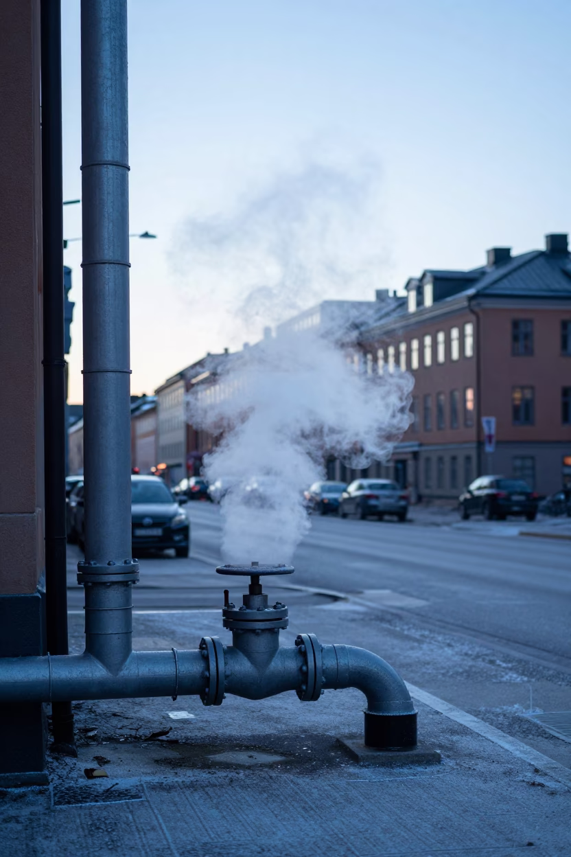 Stockholm Sweden Nautical Dawn District Heating Pipe Steaming Behind Frost Coated Fence Near Waterfront in in Stockholm, Sweden