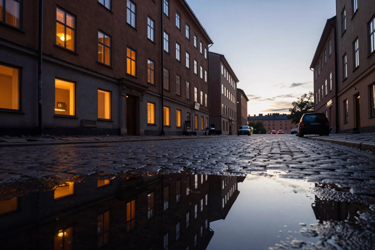 Stockholm Sweden Nautical Dawn Puddle Reflection Hotel Windows Tail Lights and Urban Morning Light in in Stockholm, Sweden