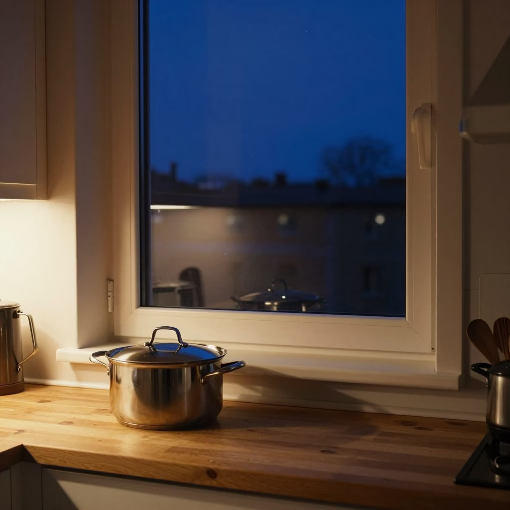 Stockholm Sweden Night Sky Interior Window Light Reflecting on Pot Lid and Mug in in Stockholm, Sweden