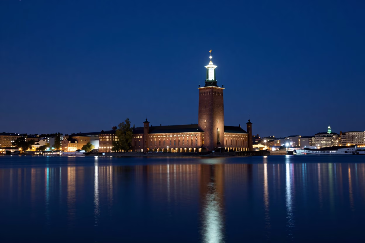 Stockholm Sweden Night Sky Reflections on Glassy Water Near City Hall Under Deepest Night in in Stockholm, Sweden