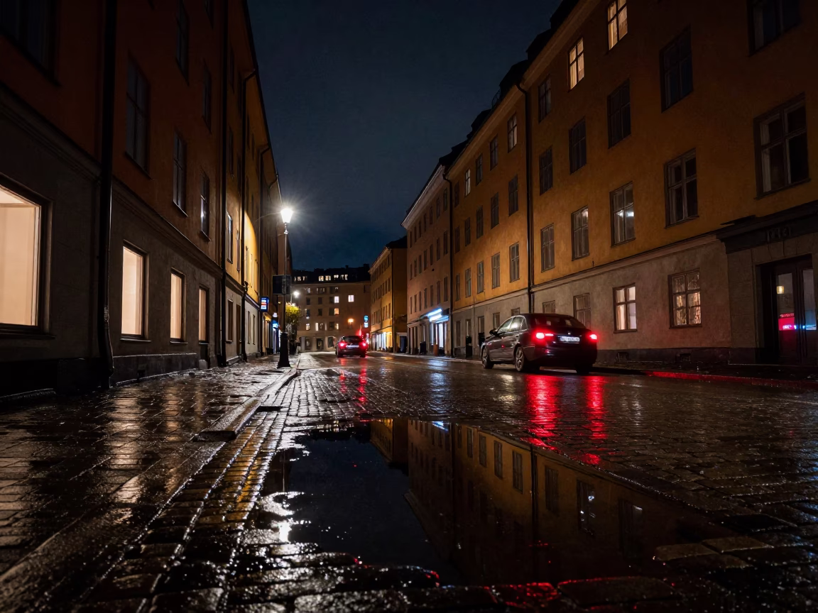 Stockholm Sweden Night Street Reflections in Puddle Under Deep Night Sky in in Stockholm, Sweden
