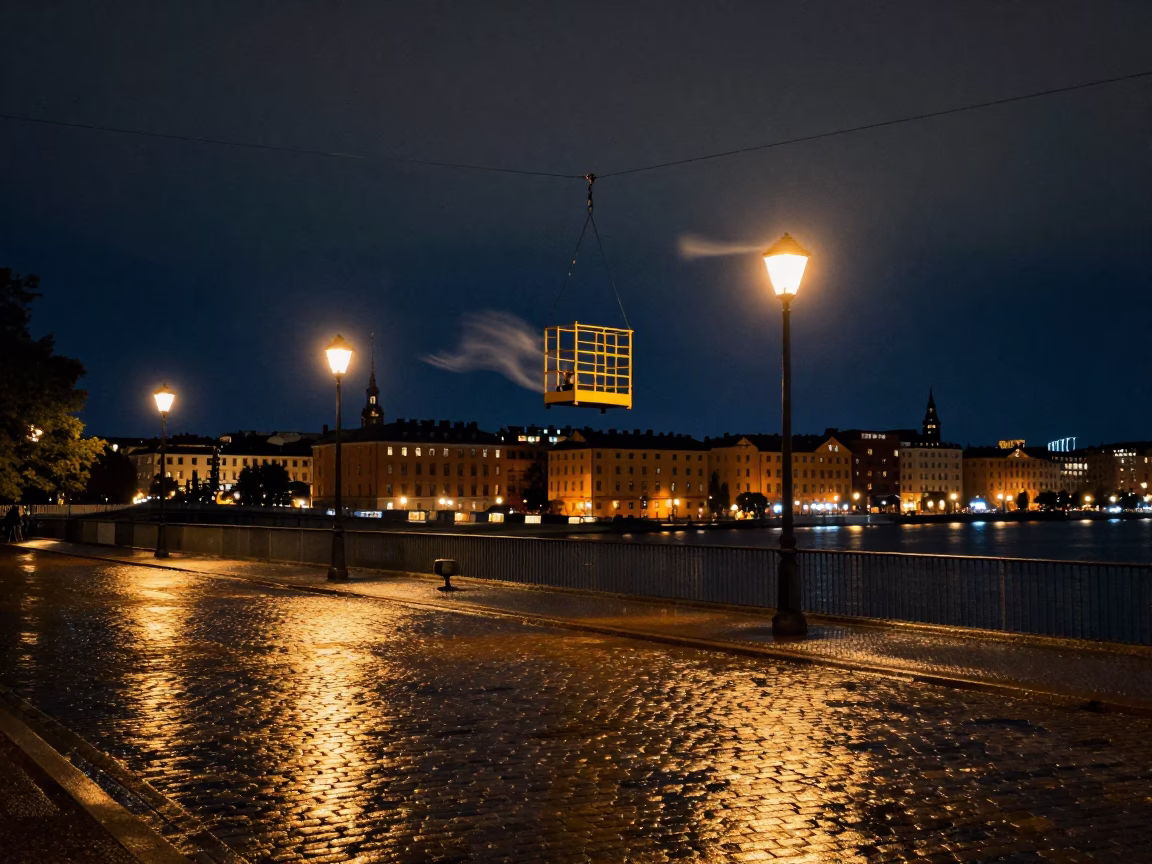 Stockholm Sweden Night Street Scene with Bridge Maintenance Cage and Urban Elements in in Stockholm, Sweden