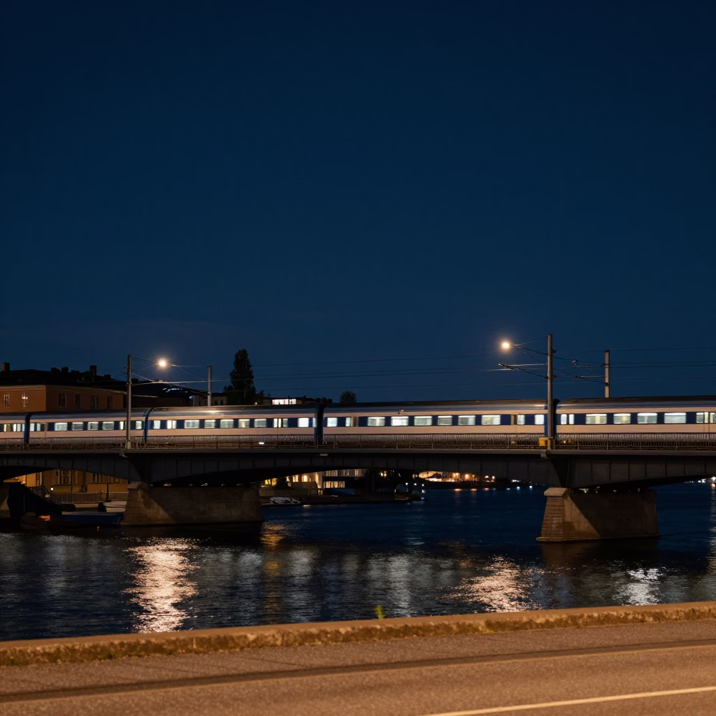Stockholm Sweden Night Street Scene with Commuter Train Bridge and Macarons in in Stockholm, Sweden