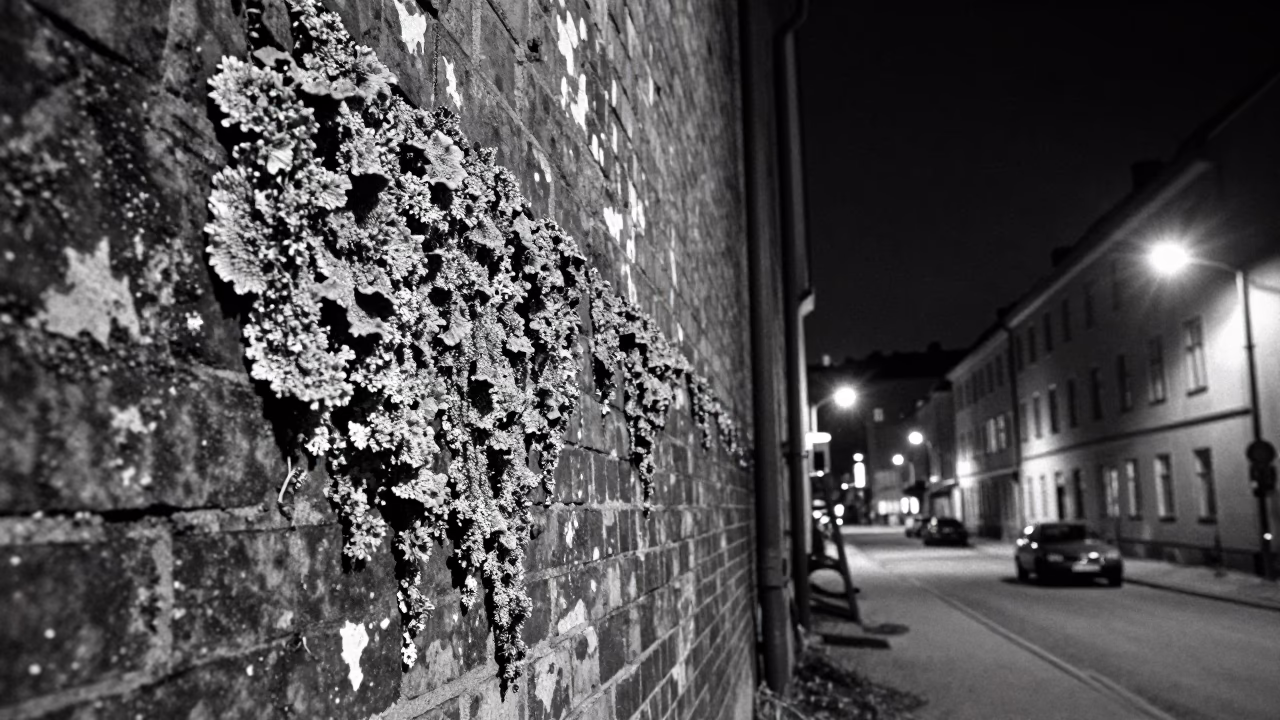 Stockholm Sweden Night Street Scene with Lichen and Urban Decay in in Stockholm, Sweden