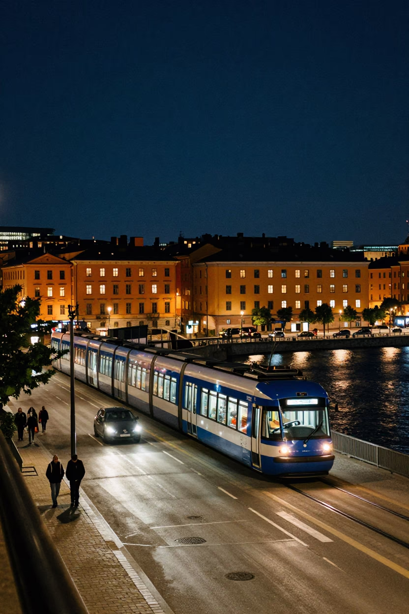 Stockholm Sweden Night Street Scene with Monorail Sweeping Over River and Urban Lights in in Stockholm, Sweden
