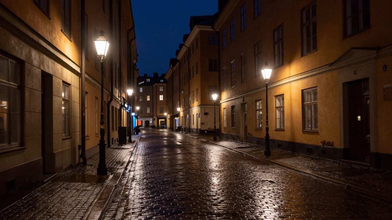 Stockholm Sweden Night Street Scene with Wet Flagstones and Historic Architecture in in Stockholm, Sweden