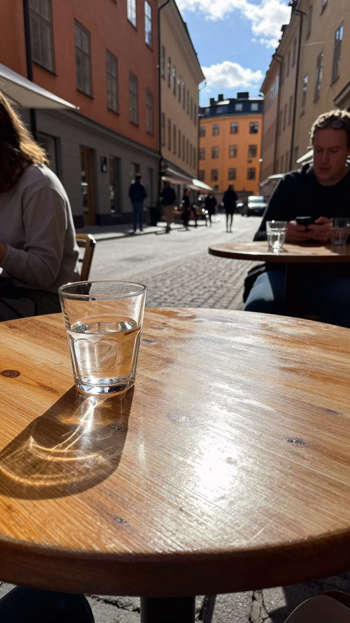 Stockholm Sweden Noon Light Cafe Table with Mezcal Glass and Orange Slice View in in Stockholm, Sweden