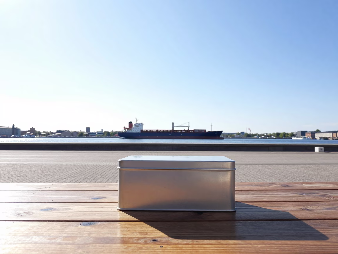 Stockholm Sweden Noon Light Cargo Ship Horizon Tin Box on Table in in Stockholm, Sweden
