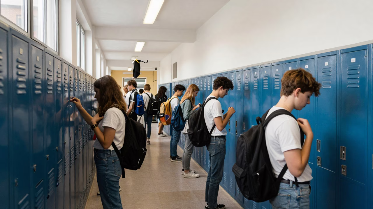 Stockholm Sweden Noon Light School Corridor Lockers Graduation Week Decorations in in Stockholm, Sweden