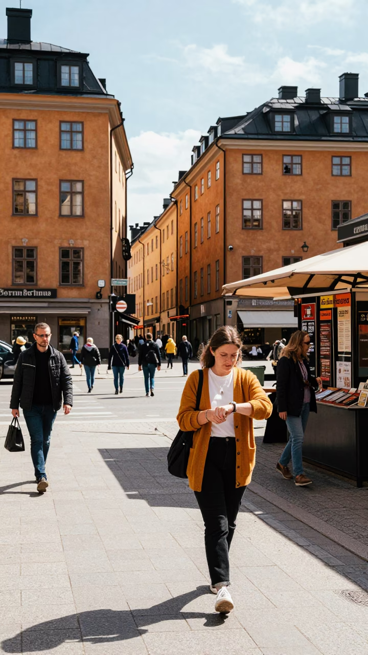 Stockholm Sweden Noon Street Scene with Commuters in Cardigans in in Stockholm, Sweden