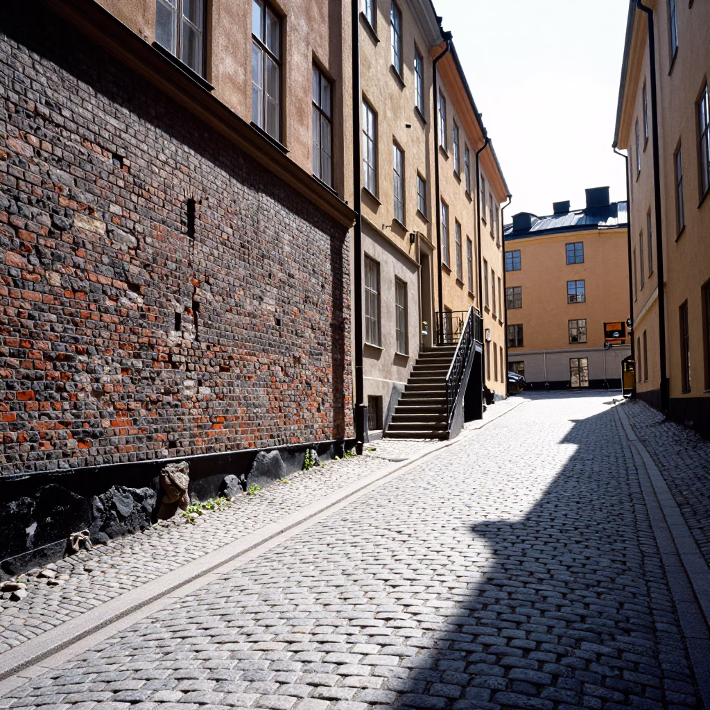 Stockholm Sweden Noon Sunlight on Cobblestone Street with School Staircase and Faded Photos in in Stockholm, Sweden