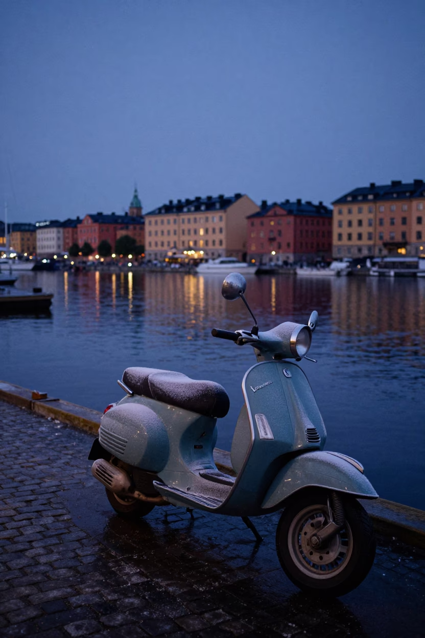 Stockholm Sweden pre-dawn harbor promenade with parked scooter and frosty early morning light in in Stockholm, Sweden