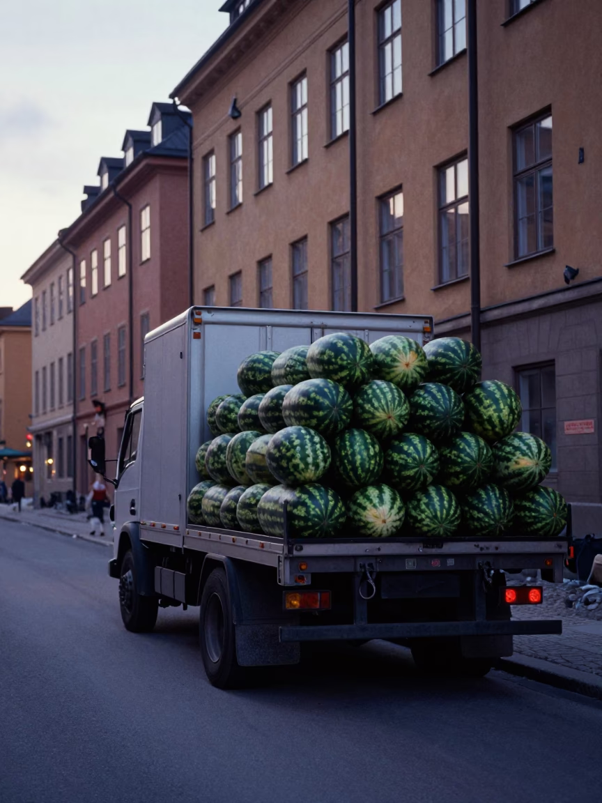 Stockholm Sweden Pre-Dawn Street Scene with Watermelon Truck and Briard Dog in in Stockholm, Sweden