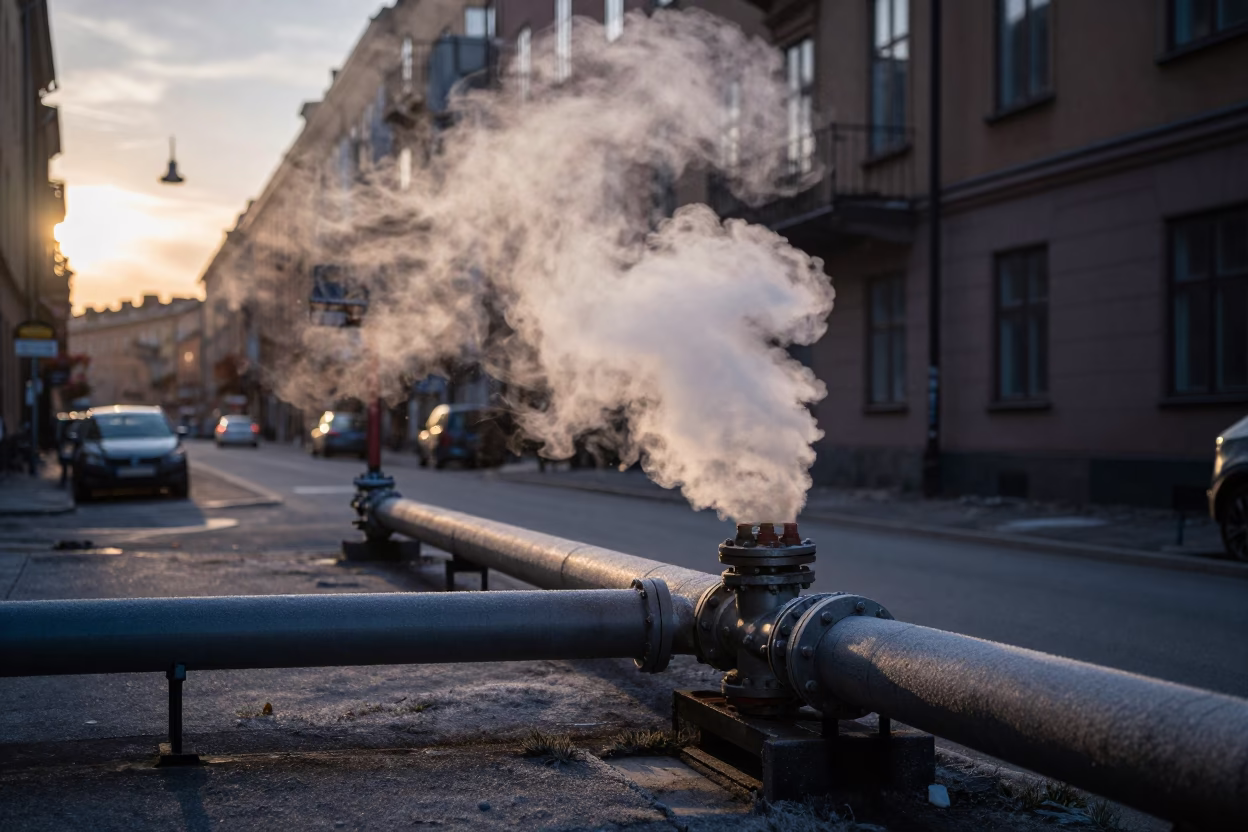 Stockholm Sweden Predawn District Heating Pipe Steam Haze Frost Coated Fencing Vintage Bicycle in in Stockholm, Sweden