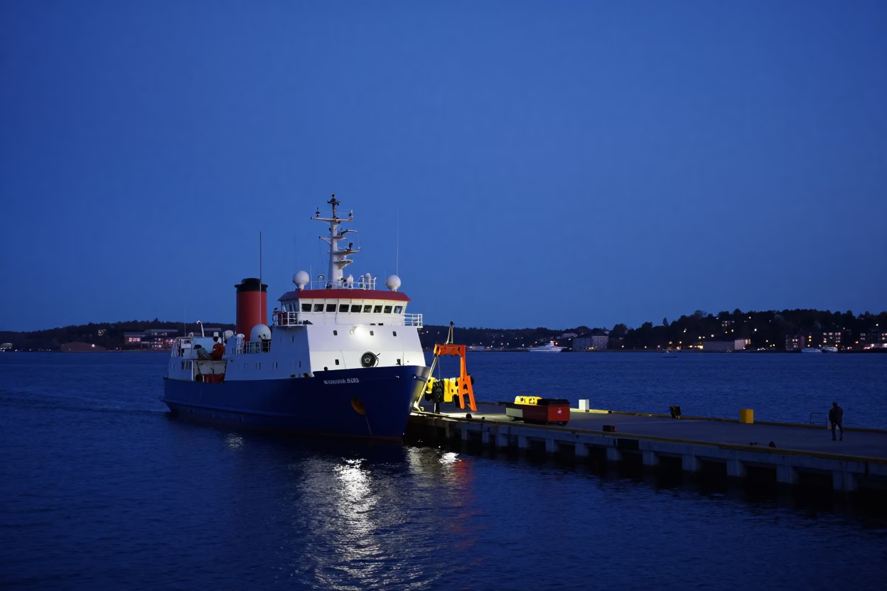 Stockholm Sweden predawn harbor scene with research vessel deploying equipment in in Stockholm, Sweden