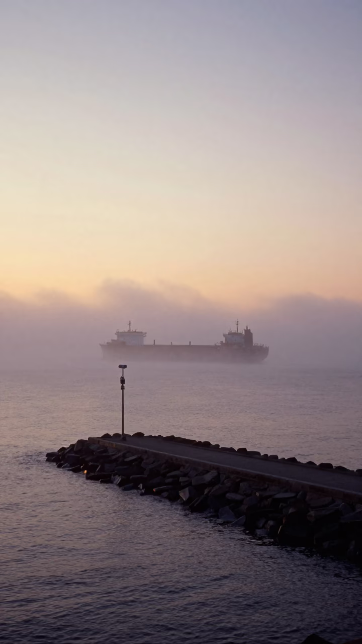 Stockholm Sweden PreDawn Harbor Scene With Sea Fog Breakwater And Cargo Ship Horizon in in Stockholm, Sweden