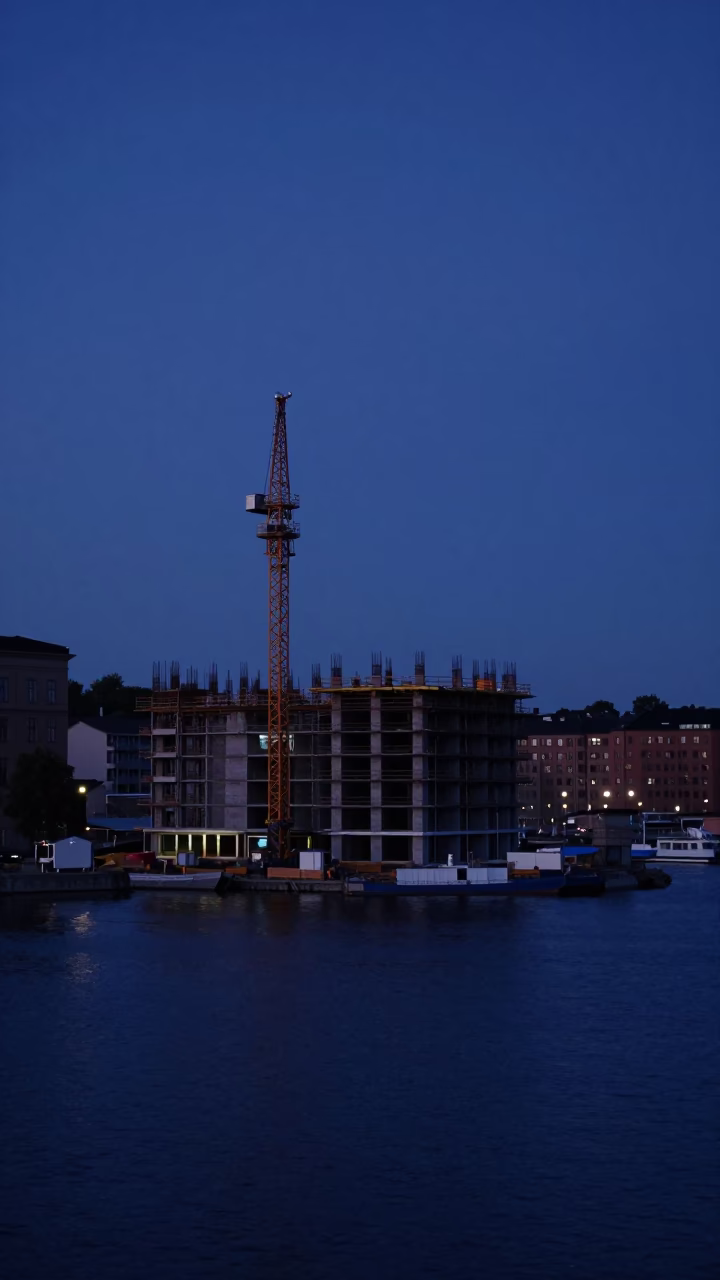 Stockholm Sweden Predawn Harbor View with Construction Elevator and Rebar Bundles in in Stockholm, Sweden
